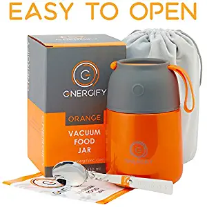 Energify Vacuum Insulated Food Jar - Stainless Steel Food Thermos, Soup Bowl, Lunch Container (Orange)