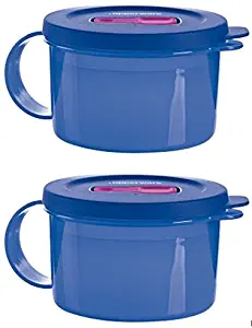 Tupperware Crystalwave Set of 2 Soup Mugs in Blue - Microwave Reheatable Food Storage Containers - 2 Cup Capacity Each