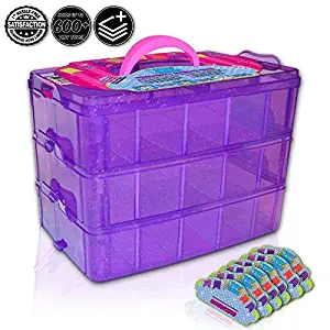 Holds 600 - Tiny Toy Box Shopkins Storage Case LoL Dolls Organizer Container - Stackable Collectors Carrying Tote Compatible W/ Mini Colleggtibles Fash'ems Tsum Tsum Hot Wheels (Purple Sparkle/Pink)