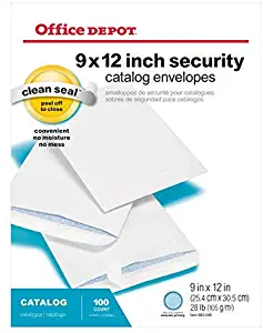 Office Depot Clean Seal(TM) Catalog Envelopes, 9in. x 12in, White with Security Tint, Pack of 100, 77928