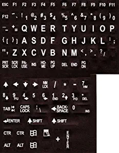 Large Print English Keyboard Stickers Labels Overlays (Lexan polycarbonate, 3M adhesive) for the Visually Impaired (Non Transparent - Black with White Letters)